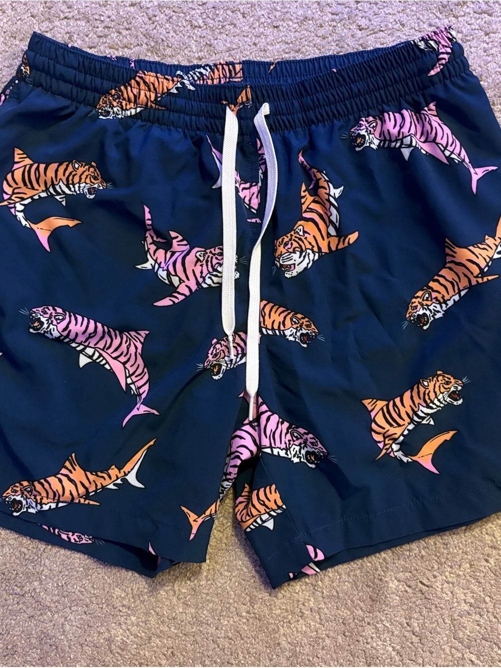 Chubbies Navy Swim Shorts Tiger-Shark Print 5.5”inseam + Liner